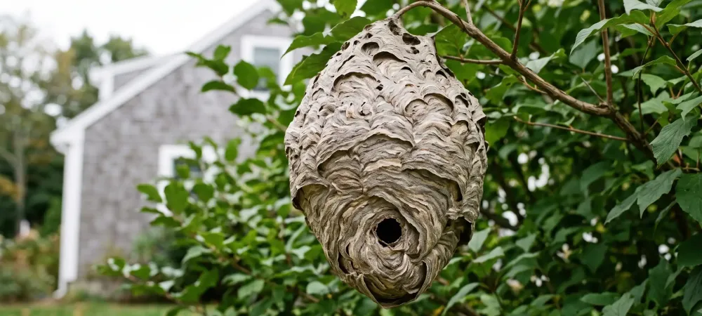 Large gray football-shaped bald-faced hornet nest hanging in a green shrub in a residential yard