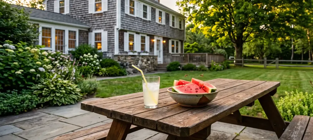 Sliced watermelon and a drink left out on a backyard picnic table with wasps hovering nearby